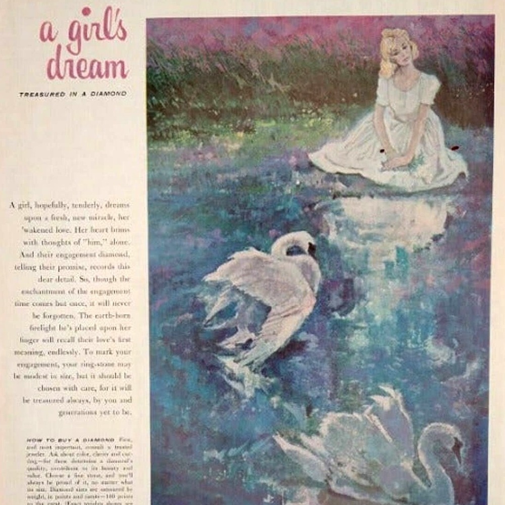 1961 De Beers A Girl's Dream Treasured in a Diamond Swan Pond Vtg PRINT AD‎